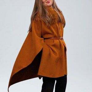 Cashmere Wool Cape with Detachable Fox Fur Collar